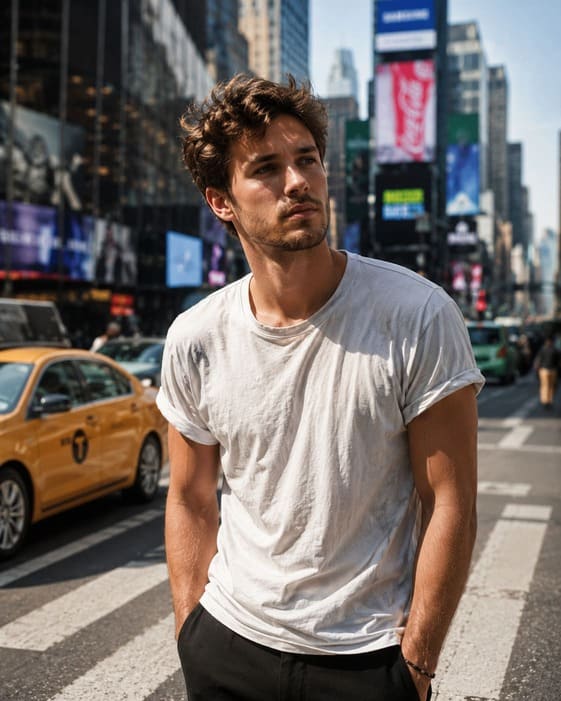 Original casual snap with cluttered background, plain outfit and flat lighting